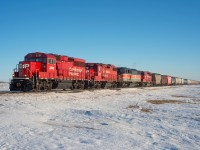 Moose Jaw-Sutherland train N13-11 has a nice variety of power up front as it departs the north end of Regina. The 4th unit, CP 5008 would be set off in Craven for the next loaded southbound to lift. 
