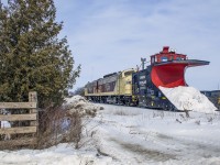 A surprise plow run by the OSR made the rounds from Woodstock to St. Thomas and Ingersoll to Tilsonburg today clearing flangeways for an upcoming inspection by a Sperry truck.  Here the extra, the first plow run with matching OSR painted FP9s, arrives back at Salford after plowing the St. Thomas Subdivision.  After a short stop at the shop they will depart for the end of the line at Tilsonburg on the old Port Burwell Subdivision, now the Tilsonburg Spur.