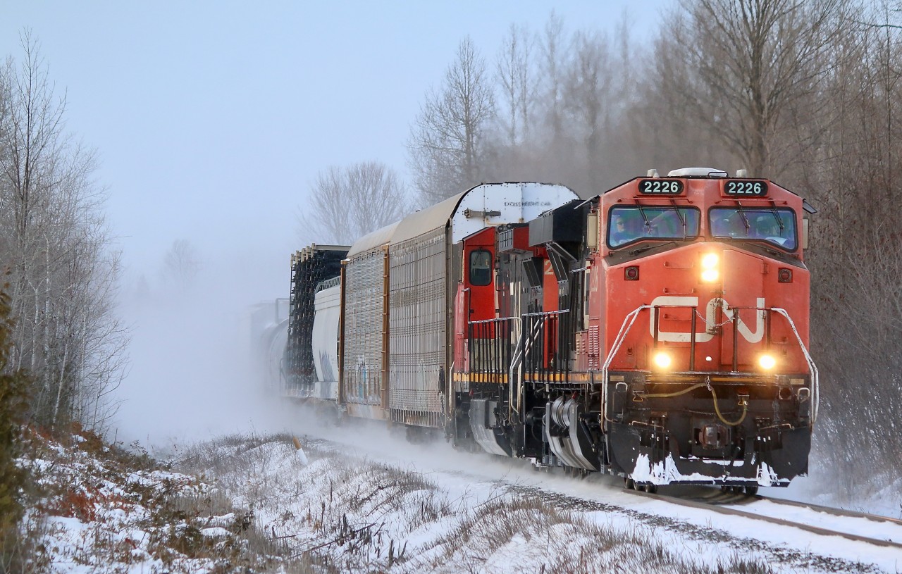 To say the weather this day was brutal in an understatement, snow, extreme cold and severe wind. Yes in hindsight a great day to stay home but something convinced us to travel some snow filled roads to Milton to photograph CP 141 with a UP trailing waiting on a fresh crew. Considering there were a few trains around on CN we braved the windswept roads and headed to mile 30 hoping the partial tree cover would give us some shelter from the wind. Knowing that CN 399 was on the way we waited for one more train. Just before full cloud cover and darkness took over a pair of GE's punched through the swirling snow creating more of a dramatic image. I was glad though to finally head for my warm home.