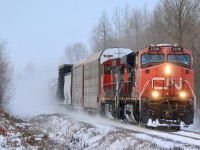 To say the weather this day was brutal in an understatement, snow, extreme cold and severe wind. Yes in hindsight a great day to stay home but something convinced us to travel some snow filled roads to Milton to photograph CP 141 with a UP trailing waiting on a fresh crew. Considering there were a few trains around on CN we braved the windswept roads and headed to mile 30 hoping the partial tree cover would give us some shelter from the wind. Knowing that CN 399 was on the way we waited for one more train. Just before full cloud cover and darkness took over a pair of GE's punched through the swirling snow creating more of a dramatic image. I was glad though to finally head for my warm home.