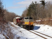 After missing this train on Tuesday, CP 7010 (former CP 9153) made the trip again today so I got lucky. It was just a matter of battling the overhead clouds and hoping for some sun. Here it rumbles past the Campbellville sign on its way south down the Hamilton sub approaching the 3rd line crossing. It's nice to see the SD70 Acu's leading once again.