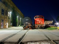 There's no mistaking this location - CN L566 is parked in Elmira at the Lanxess (formerly Chemtura/Uniroyal opened in 1942) chemical plant near the end of the line of the CNR Waterloo spur. I did a similar photo in the <a href=http://www.railpictures.ca/?attachment_id=40622 target=_blank> GEXR days </a>.