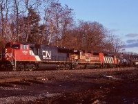 The Wisconsin Central definitely had an interesting roster, F45's, SD45's, GP30's, just to mention a few and trust me there were many more. Several wore unique paint schemes including two SD45's decorated in "operation Lifesaver" paint. Both units made it into Ontario, but somehow I totally screwed up the shot of the other one, one day in Brantford while focusing on a new VIA P42 making a station stop instead of the CN freight sneaking up behind me. I made sure I didn't loose my focus on this one on train 399 the day before Christmas 2006. Freshly painted CN SD70I 5601 leads WC 7525 in "OL" paint along Sith a cowl SD60 as they head up the Dundas sub. We did chase it that day to Copetown but unfortunately lost the sun by then. 