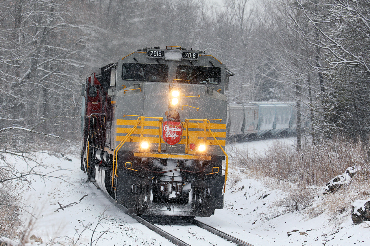 The great train race. Thanks to a tip from CJ, I beat 246 to Campbellville....by about 30 seconds. If you can't get them in the sun, there's not much better than a Heritage unit in the snow.