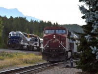 Marcus Stevens recently posted a "high line" image at Lake Louise; a nice afternoon shot (#48203) and that had me dig up an image from a visit there last fall.  The RMRX, behind 8018 and 8911 was to pick up around 0845hrs passengers who had overnighted at Lake Louise.
Seemed like a decent plan, so we are out of our hotel in time.  But there is a CP eastbound blocking the way at the station. So, we grabbed a few shots of CP 8887 in and out of morning sun and a half hour or so later the bus came into the Lake Louise station lot, people got off and went over looking for the Rocky Mountain train. It was a chilly morning, and the crowd huddled around waiting for the RMRtour to show up; but as it is single track east of the station, the RMR train had to pull up on the highline to let the CP eastbound go. Then, after it departed, back up and roll down in front of the station so passengers could board.  All this took more than an hour. I don't know why, but it made me chuckle that the "red carpet" was rolled out for the people to board the train in 'elegance' I guess you could call it.
To me, it is just another train ride, although extravagant, I must admit, but as most passengers,  not on time. :o)
The image is of the CP leaving, CP 8529 end of train unit; and the sunrise was right over the Rocky Mountaineer engines, making for a rather tough image.