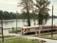 Prior to the 1995-11-01 inauguration of Westcoast Express commuter passenger trains between Mission City and Vancouver, CP ran several demonstrations of possible routes using RDC-2 91 ex 9108, seen here hustling eastward at Haney in Maple Ridge, with the Fraser River in the background.  This location is now a Westcoast Express station, on the far right side of the photo.