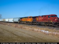 CP 9804 and BNSF 4109 lead a Sunday morning 234 out of Belle River, Ontario.  The train had been hit by the Hot Box detector in Puce resulting in a long stop at Belle River while the Conductor found several applied handbrakes in the train. After releasing about 4 handbrakes the train was underway again, although local traffic was not happy as both crossings in town had been blocked for about 45 minutes.