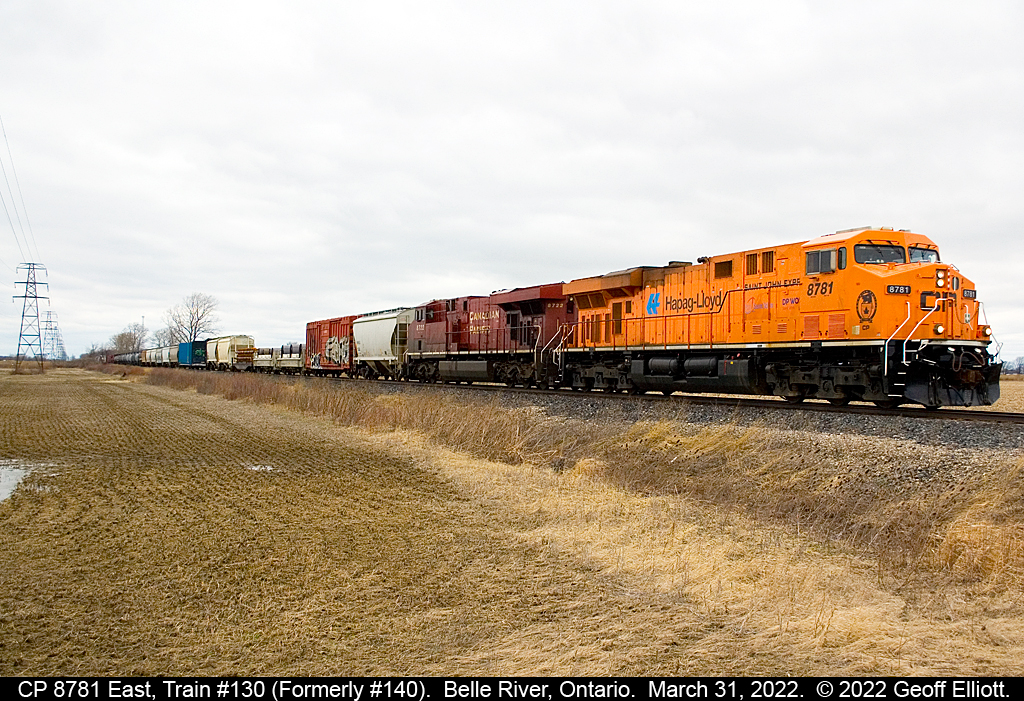 Heading back east, CP's 8781 in Hapag-Lloyd paint, leads train #130 (formerly #140) at MP 91.3 of CP's Windsor Subdivision on a dreary March 31, 2022.  Hopefully today 8781 will be able to make good time from Windsor to London unlike back on March 24th when it had to rescue a dead Train #244 that had run out of fuel.  Sun has eluded me the 3 times this unit has gone by, but I still haven't lost faith....  :-)