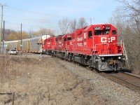 9 years ago today (March 30, 2013), the local CP transfer (T69 or T78) is westbound at Orrs Lake Hill just west of Cambridge, ON. A trio of matching GP38-2s were this day's power (3041-3032-3038) as a fellow railfanner (and good friend) gets his shot atop his vehicle. This year, as I'm writing this, there is still about 2 ft. of snow on the ground where I am.