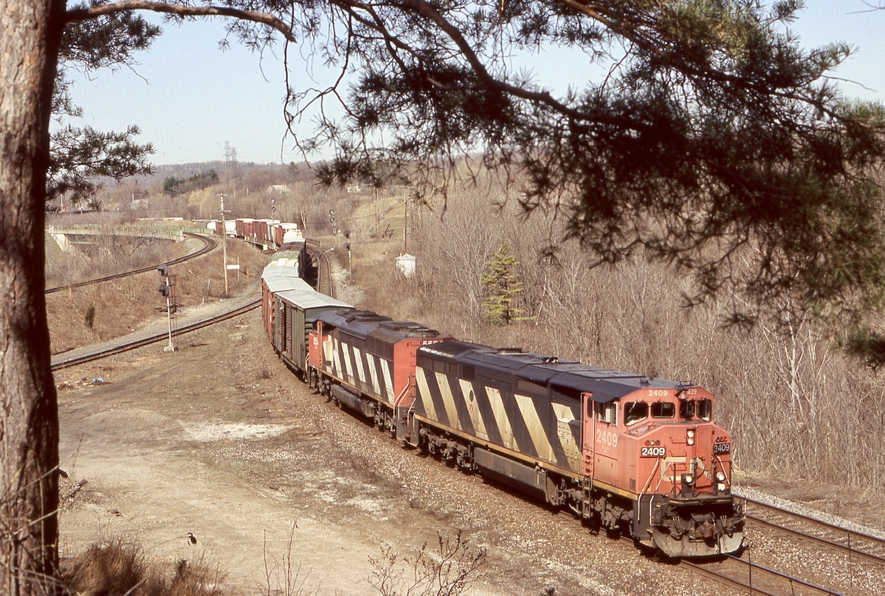 Despite its reputation at times, I have always like spending time at Hamilton West. While at first glance the location seems to never change, there has been a number of changes here over the years. The first being the location name. With the upgrading of the Oakville subdivision came the elimination of the plant known as Hamilton West. Today it is simply an extension of Bayview Junction. The old searchlight signals were eliminated as well with new hooded LED lights installed here. Sadly all variations of “Cowls” on Cn have been retired making this Dash-8/SD60 combo on 390 impossible to replicate today. The classic green bridge sides over highway 403 have also been replaced and the tree here I have framed many trains with over the years is now dead and gradually falling down.