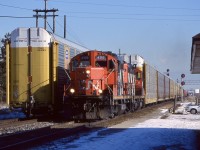 I always enjoyed catching the Oakville-Aldershot transfer jobs, and at this date there were still no locals assigned to Aldershot if I recall correctly. This usually meant catching a few freights on the mainly passenger train section of the Oakville subdivision. I spent a lot of time on the old station platform back then and the junction was a nice place to spend a few free hours on a Saturday. Unfortunately not really the case today. Here a westbound transfer jib as just met the tail end of an eastbound. I never got bored of those GP9RM’s.