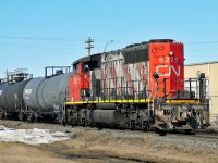 CN 5275 is switching tank cars at the Lloydminster yard.