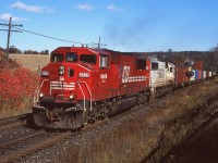 Sumac and SOO...  Vibrant red Sumac leaves nicely complement the equally vibrant red paint adorning SOO SD60M #6059.  The 6059 and 6006 are seen here notched out as they drag train 159 up the Niagara Escarpment into Campbelville. 