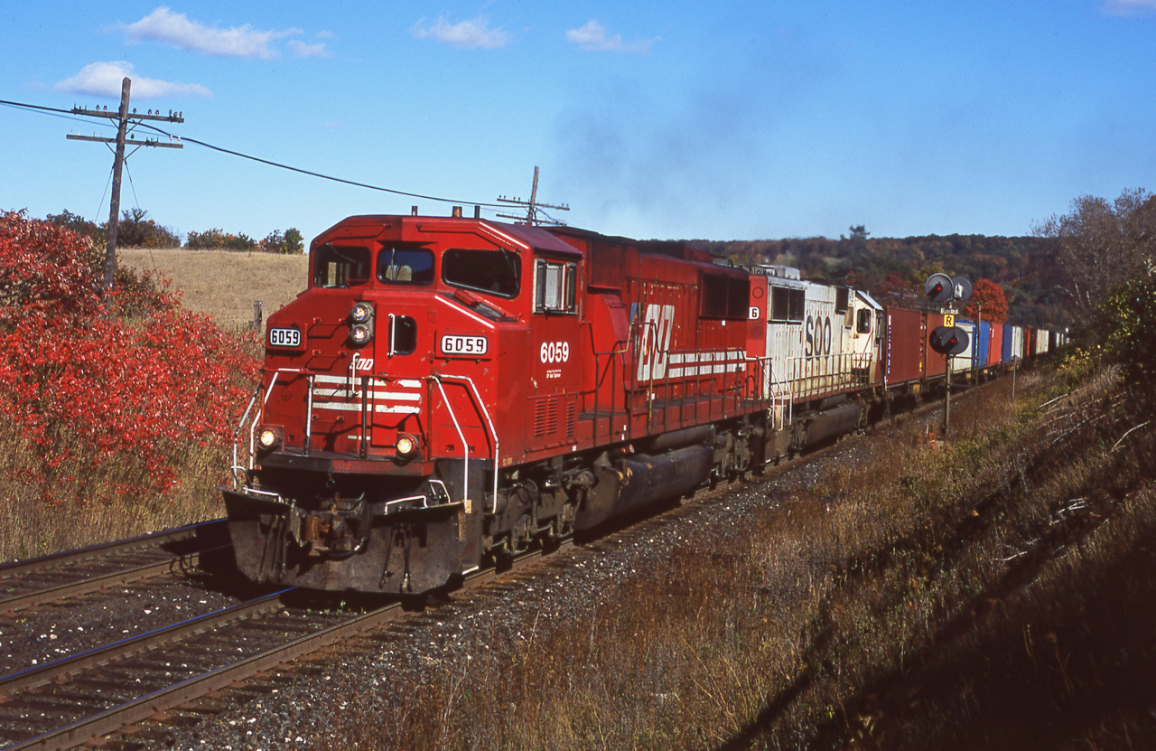 Sumac and SOO...  Vibrant red Sumac leaves nicely complement the equally vibrant red paint adorning SOO SD60M #6059.  The 6059 and 6006 are seen here notched out as they drag train 159 up the Niagara Escarpment into Campbelville.