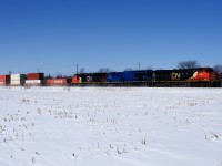 CN 120 will soon leave the St-Hyacinthe Sub for the Drummondville Sub as it heads east with a shorter than usual train and CN 2864, GECX 2038 & CN 5787 for power.