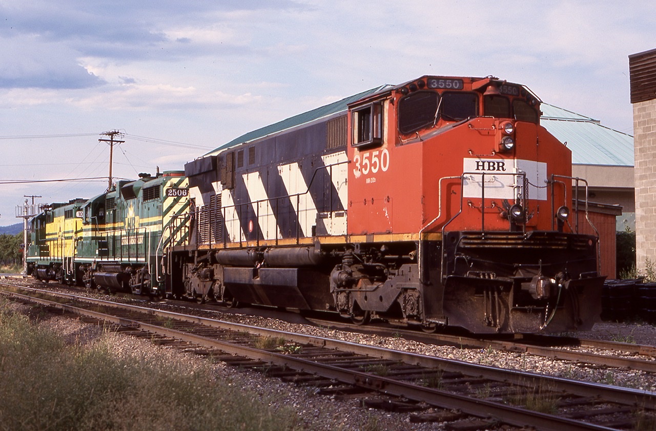 Another image from Vernon. Omnitrax was famous for moving its motive power between all of its operations. Case in point is Hudson Bay Railway M420 3550 as well as HBR 2506 (a former SP GP20 rebuilt into a GP9). Trailing is a Carlton Trail GP10. The last two units also wear Central Kansas RR lettering just to confuse things even more. Nevertheless this was a colourful operation while it lasted. From what I can tell the line they ran over is still intact but not used as CN is the sole surviving railroad today in Vernon.