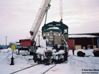 Goderich-Exeter Railway (GEXR) GP9 179 undergoes some emergency traction motor repairs near the location of the CN roundhouse at Stratford Yard. The winter of 1993-1994 was a brutal one for GEXR's fleet of second-hand GP9’s and by early February, most were either out of service or severely ailing, which forced RailTex to lease power or transfer from their other operations.