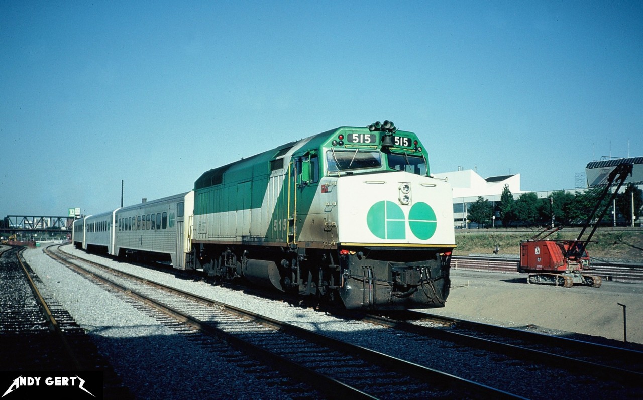 An eastbound commuter train with GO Transit 515 enters Union Station in downtown Toronto, Ontario with F40PH 515 during an early morning in August 1981. GO 510-515 were built by GMDD and they were the first F40PH's ever to be built in Canada in 1978.
