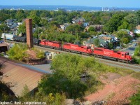 No drone: With clear views of the Steel City's North End, including Ivor Wynne Stadium, Stelco, Burlington Bay and the Niagara Escarpment the classic Brickworks vantage point provides a perfect location to capture CP 254 with this tripleset of six axle EMD power that got everyone all hot and bothered in the late summer and early fall of 2020. This set was together around a month and broken up by mid October 2020.