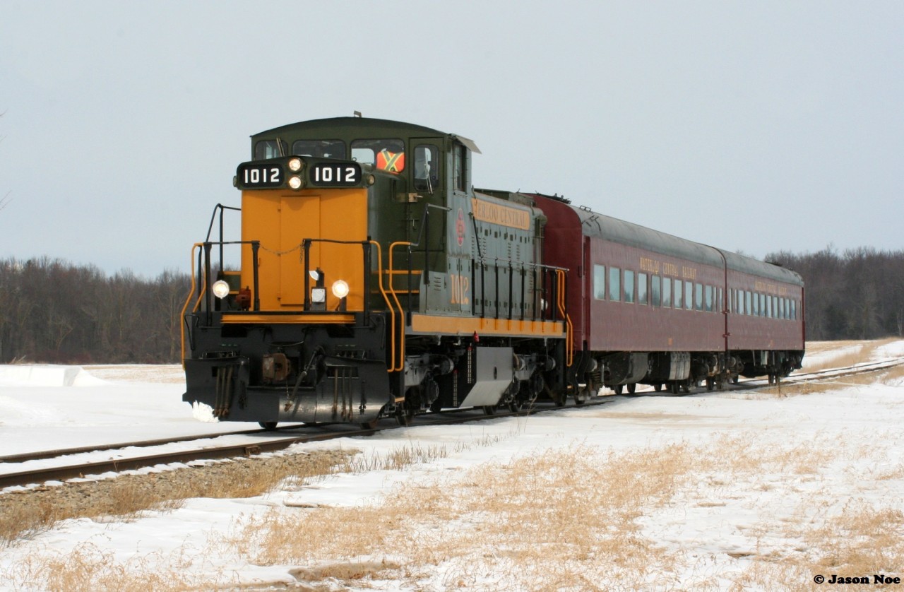 There is no better or fitting way for a retired former CN GMD1 to spend the next chapter of its life than on a former CN line. Here WCR 1012, former CN 1437 nee-CN 1012, is viewed during its inaugural run after repainting on a promotional excursion at Mile 9.87 of the Waterloo Spur at Scotch Line Road.