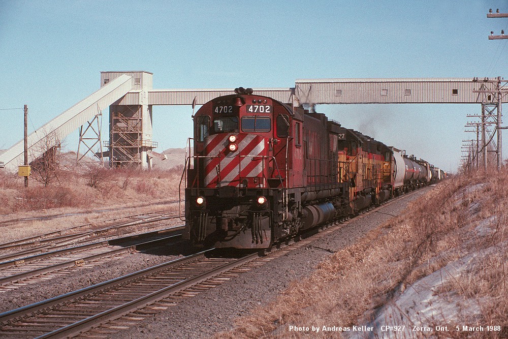 Canadian Pacific MLW M636 4702 leading a pair of leased Chessie geeps through Zorra on train #927