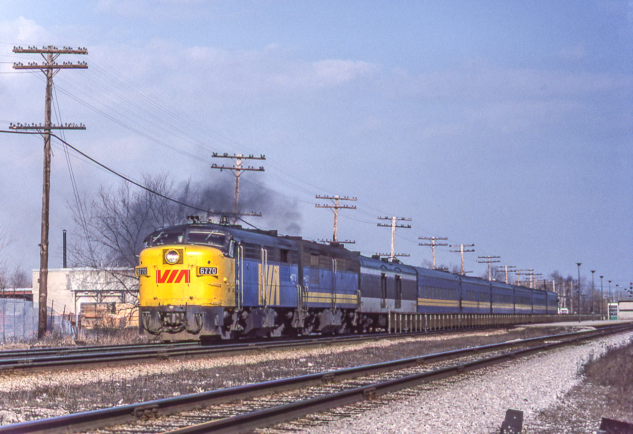 VIA 6770 is accelerating in Scarborough, Ontario on March 23, 1982.