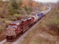 At least the dreary autumn weather didn’t take away from this colourful consist. Here CEFX SD90 leads SOO SD60 6024 and CEFX SD40 (ex SD45 ) 3133 northbound just north of Hamilton as the fall colours begin to show. 