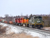 CP military tribute unit ‘D-day’ CP 6644 leading CP 220, BNSF 5210, CP 7049 and CP 9779 trailing, at Mile 36 Mactier Sub.