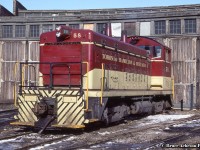 TH&B SW9 58 rests at Chatham Street Roundhouse.  Built at GMD London in January 1951, the 58 would be <a href=http://www.railpictures.ca/?attachment_id=39299>sold to Atlas Steel for scrap</a> in May 1988, but would avoid the torch, being sold to the Brandywine Valley Railroad in Pennsylvania <a href=http://www.trainweb.org/oldtimetrains/photos/thb/BVRY%208206-1.jpg>as BVRY 8206.</a>  It would be transferred to the nearby Upper Merion & Plymouth Railroad as UMP 9007 in 1991, where it was operating as <a href=http://www.trainweb.org/oldtimetrains/photos/thb/UMP_9007_9009.JPG>recently as 2017.</a>