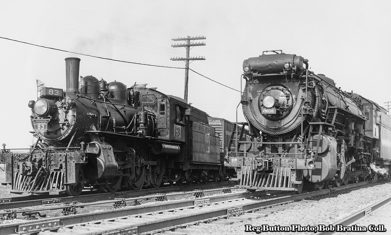 A scene at Hagersville finds CNR 2-6-0 Mogul 83 working the CNR/NYC interchange to the north west side of the Hagersville diamond while a New York Central Mikado makes it's way westbound towards St. Thomas and beyond.  Note the CASO lettered boxcar behind 83.CNR E-10-a 83, built by CLC in 1910 as Grand Trunk E12 class mogul 1003, renumbered to CNR 905 in 1923, and to CNR 83 in 1951.  It would be scrapped in January 1959.  NYC H7c, 2-8-2 Mikado 2016, built as Michigan Central 7916 by ALCO in 1913, would receive it's current identity in 1936.  It would be retired in February 1956, disposition unknown.  It was one of 28 H7s assigned to the Canadian Division.  More info on the H7s, including images at St. Thomas and Welland, can be found in this article by the New York Central System Historical Society.