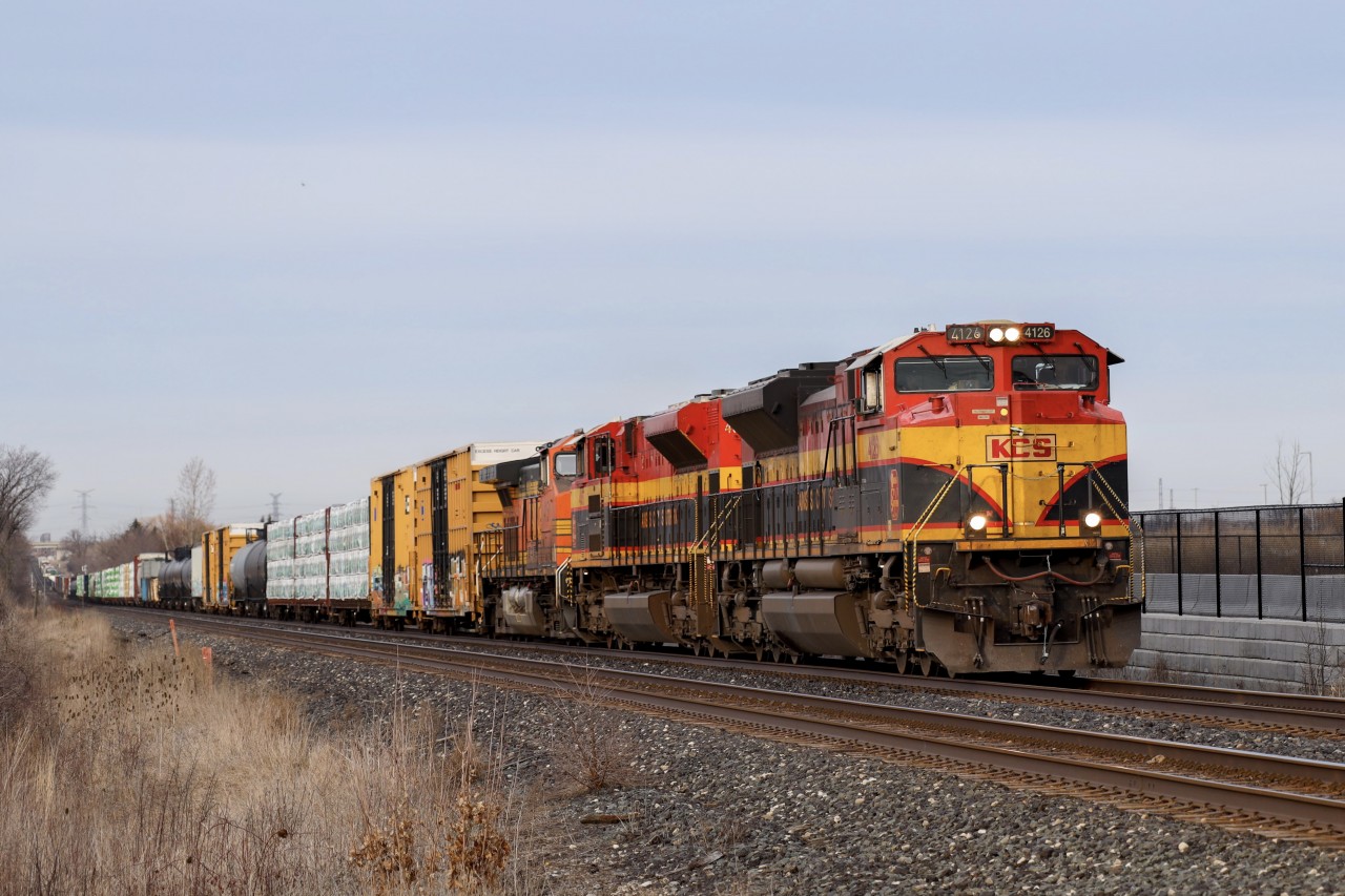 2022.03.22 KCS 4126 leading CP 141, KCS 4057 and BNSF 4151 trailing, at Mile 29.3 Galt Sub
