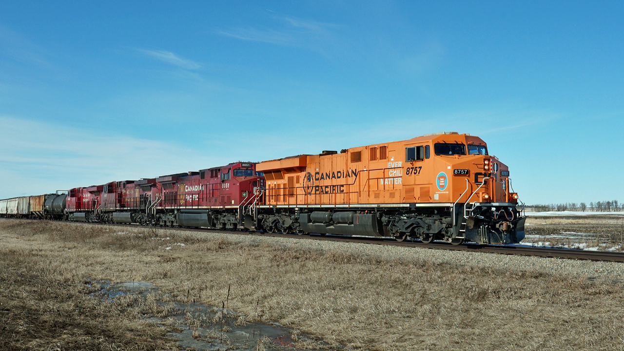 CP's "Every Child Matters" loco heads east from Camrose on the Wetaskiwin Sub.  Other locos are CP 8051, CP 9807 and CP 8920.