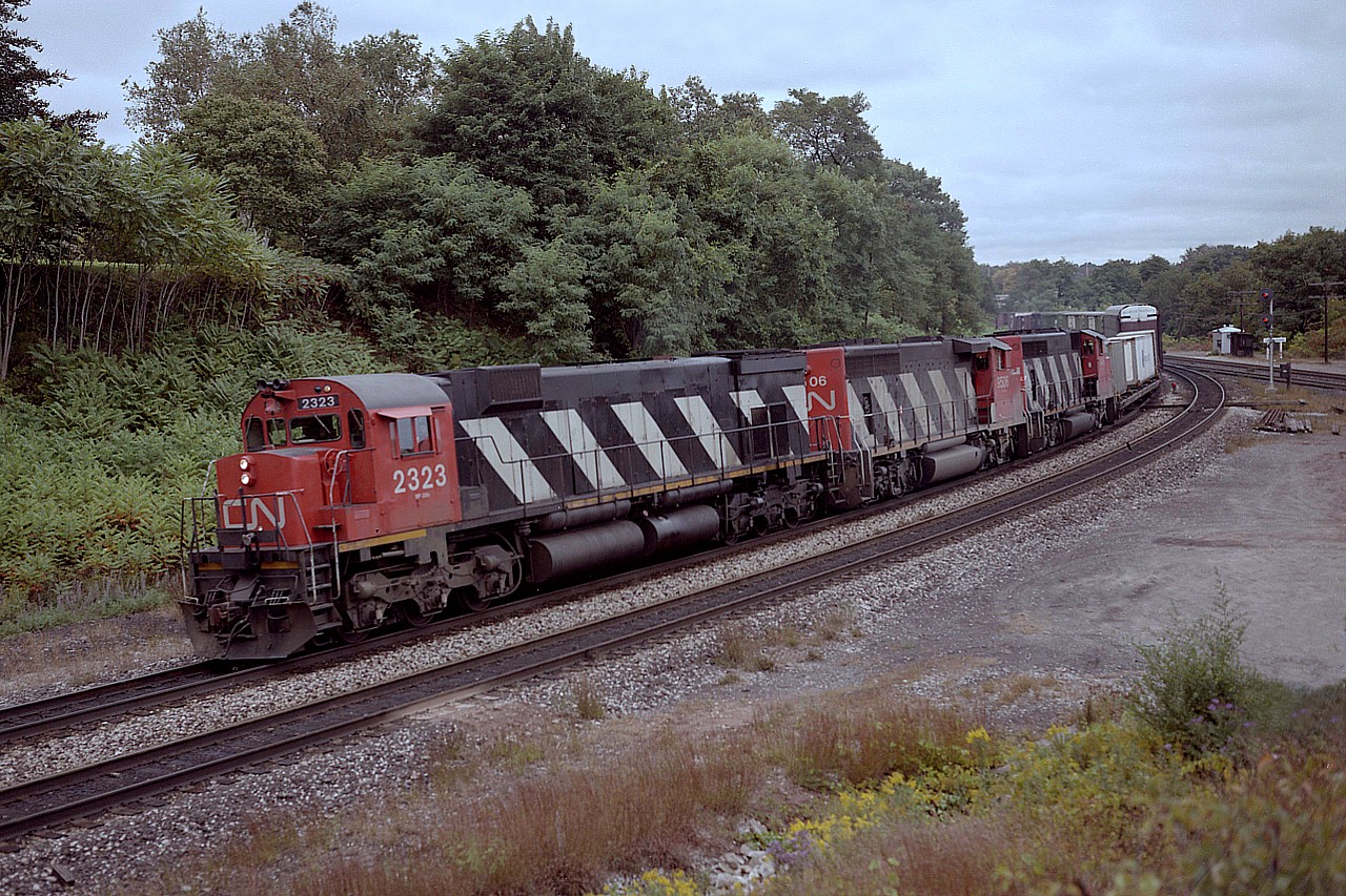 Heading westbound thru Bayview on a nice early autumn day is CN 2323, 9506 and 9446.  The era of the M-636s is winding down, as in 6 short years they would begin to be retired.  The last years they were running they were rather common, and immensely popular with the fans.  The 2323 shown would last up until late 1996. Photo taken with Speed Graphic 4x5 inch colour neg., 160 ISO, 300 F5.6.
I find it remarkable how wild that sumac grew on the hillside back in the late '80s.