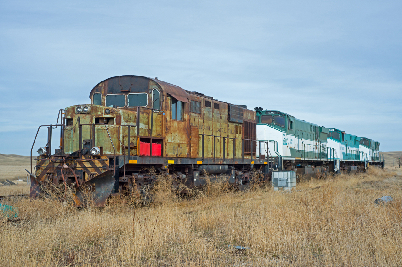 MDXX 910 and former GWRS 2003, 2002, 2004 are a few the units at Saturday Locomotive Services shop in Readlyn Saskatchewan.