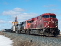 CP's daily Moose Jaw-Winnipeg train #410 has a decent consist on the head end today in the form of CP 8891, CN 2813, and NS 8013.  They are seen here passing the Pioneer grain terminal just east of Balgonie SK on the Indian Head Subdivision.  