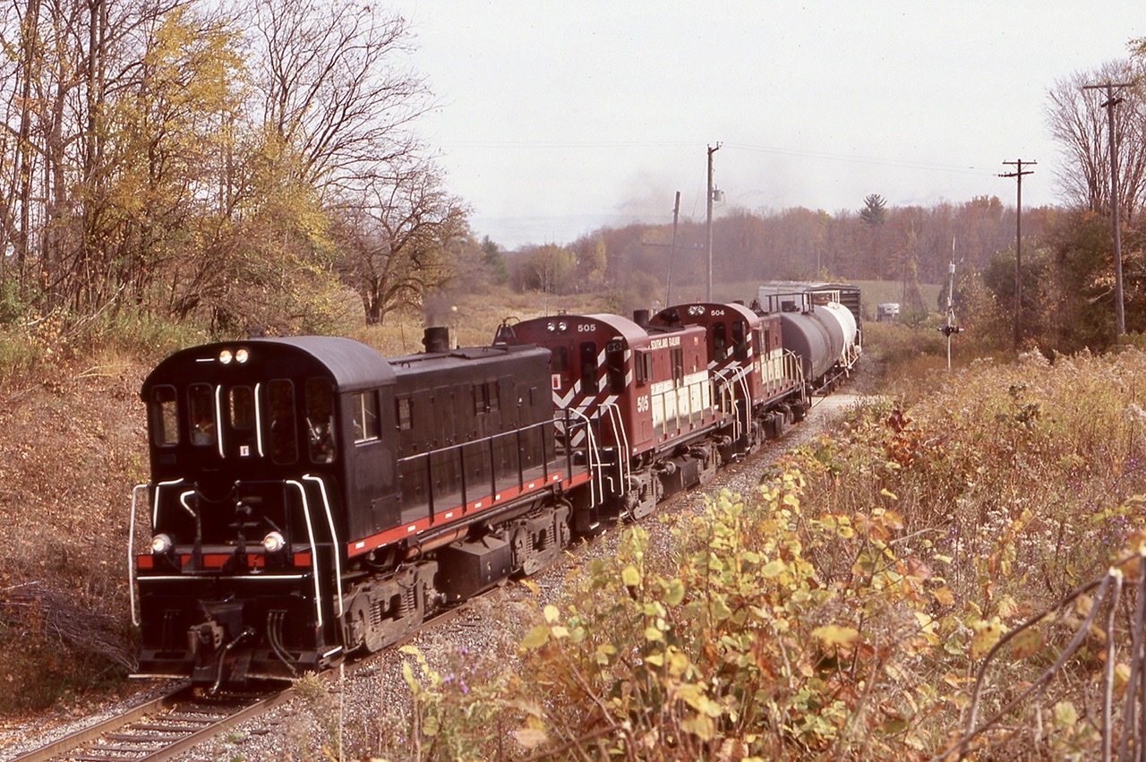 The financial woes of the later 2000’s was felt pretty much everywhere. From what I was told at the time OSR used it’s small group of RS23’s mist of the time then as they were cheaper to operate then the RS18U’s. Fir the most part the daily train to Guelph ran regularly with anything from one to three of the RS23’s. They quickly became  my favourite Alco/MLW end cab switcher. The crossing at concession Road 11 north of Moffat soon became my favourite spot to catch the northbound morning train which never worked well with the lighting conditions for most of its run. Here a trio of the RS23 “rockets” dug into the slight grade as they pass through the changing fall colours.