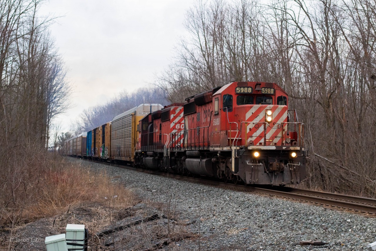 After working Agincourt for over 3 hours it was time for 5988 and its Manifest/CWR to get moving. Crew got on duty around 1430 and finished building their train just after 2 hours. Unfortunately there were other jobs in the was that prevented them from leaving anytime soon eating up their hours. After they started to pull out of Agincourt they contacted the RTC and reminded them about their rest time and restrictions, 35mph on curves and 40mph on straight track. RTC then told them that they wouldn't be able to make it all the way to Smith Falls and instructed them to tie down their train in the Darlington siding.