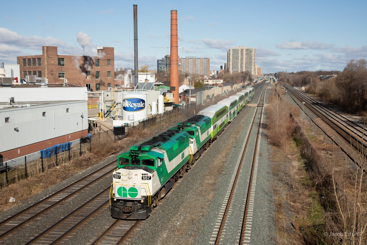 GO 3710 accelerates towards its next station stop Bloor about to pass under Jane Street.