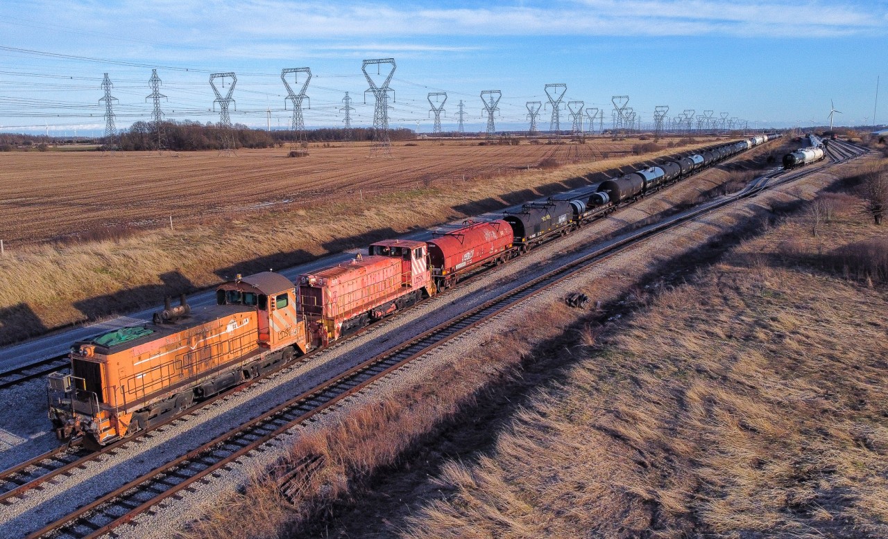 LDSX 457 and LDSX 93 sit on the head end of what would become CN L501's train last night out of Garnet Ontario.  Both former STELCO switchers now sold to Lambton Diesel in Sarnia to join their fleet of unique industrial switchers and other locomotives.  457 was especially unique with "Lake Erie Steel Company" decals still on the locomotive.