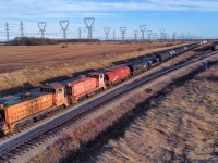 LDSX 457 and LDSX 93 sit on the head end of what would become CN L501's train last night out of Garnet Ontario.  Both former STELCO switchers now sold to Lambton Diesel in Sarnia to join their fleet of unique industrial switchers and other locomotives.  457 was especially unique with "Lake Erie Steel Company" decals still on the locomotive.