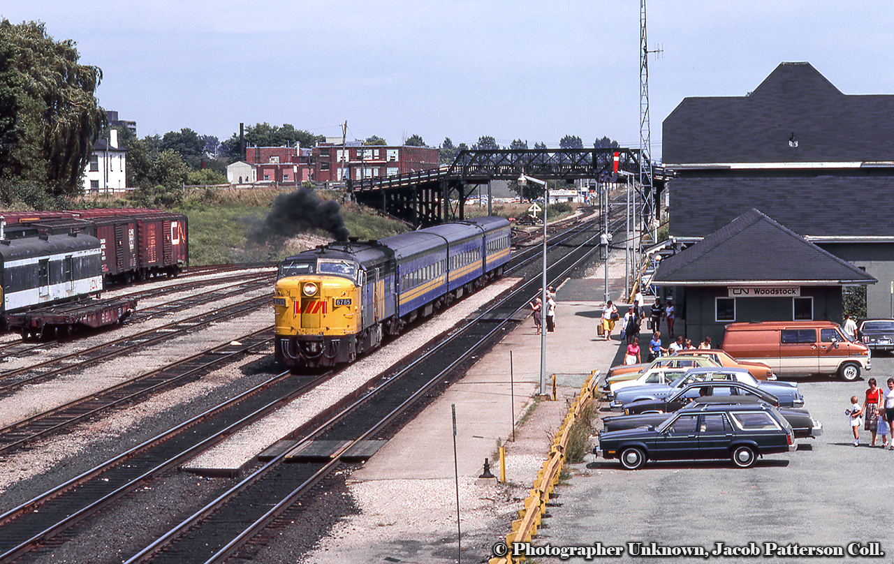 A nice puff of MLW smoke escapes FPA-4 6785 at Woodstock.Original Photographer Unknown, Jacob Patterson Collection Slide.