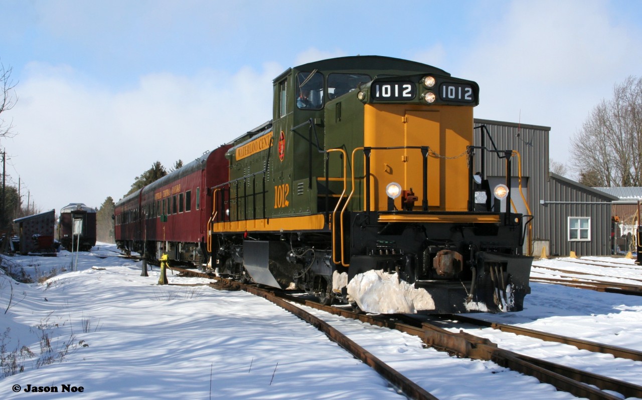 Freshly repainted Waterloo Central Railway (WCR) GMD-1 1012 is viewed operating an excursion train by the organization’s St. Jacobs, Ontario shop facility on the Waterloo Spur on March 12, 2022, during its first full weekend in regular service. WCR 1012, is former CN 1437, nee-CN 1012, which was cosmetically restored over the fall and winter by WCR volunteers, including a repainting back to it’s yellow and green colors and being renumbered back to its original CN number. The veteran GMD-1 was donated by CN to the group during April 2021 after being retired by CN on March 10 and stored at MacMillan yard in Toronto.