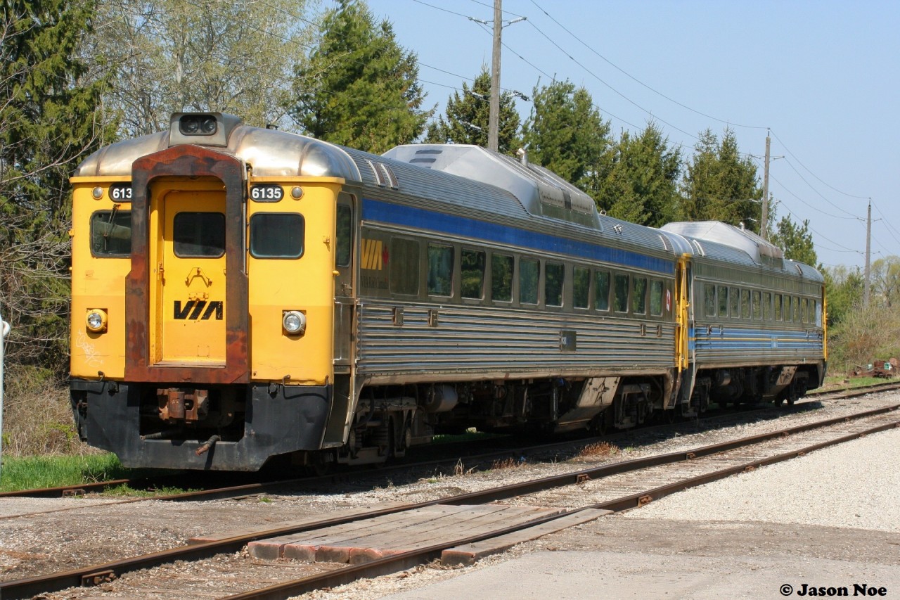 Two former VIA Rail RDC’s enjoy a spring morning at their new home on the Waterloo Central Railway (WCR) in St. Jacobs, Ontario on the Waterloo Spur.