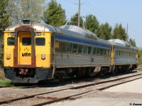 Two former VIA Rail RDC’s enjoy a spring morning at their new home on the Waterloo Central Railway (WCR) in St. Jacobs, Ontario on the Waterloo Spur. 

