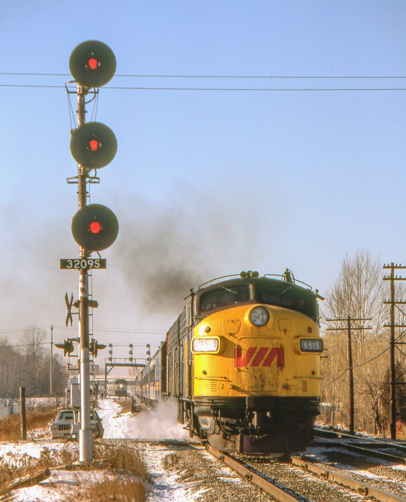 Peter Jobe photographed VIA 6515 heading train #112 (the "Atlantic Special")east in Scarborough, Ontario at 11:40 A.M. on December 20, 1980.