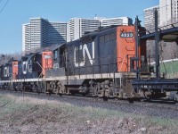 <br>
<br>
   Green Eye for CN transfer Extra 9547
<br>
<br>
   Following Via CN train #98  Northland – due into Union at 08:00 – a CN transfer with empty bi level auto racks for Oakville rolls through the Don Valley,
<br>
<br>
   powered by GMD 1976 built GP40-2L(W) #9647
<br>
<br>
   and three ubiquitous Geep9's: GMD 1956 built GP9 #4575, GMD 1957 built GP9 #4102, and sister #4523, 
<br>
<br>
   At mile 6 Bala Subdivision, 7:50 a.m. April 23, 1977 Kodachrome by S.Danko 
 <br>
<br>
     <a href="http://www.railpictures.ca/?attachment_id=  46656">  head end  </a>
<br>
<br>
   sdfourty