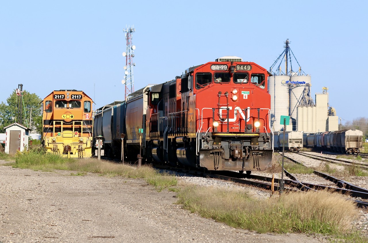 The land of four axle power. My earliest memories of Railfaning Stratford go back to the late 1990’s when CN still ran 432 between London and Toronto, back then any available four or six axle power was good enough to run the through freights. When CN took back the Guelph subdivision a few years ago everything changed, and any trains running west of Kitchener typically only get four axle power. Thankfully the GEXR still operates over its original line between Stratford and Goderich, and all with GP38’s. Here CN train 568 from Kitchener has finally made it to Stratford after clearing a work block west of Kitchener.  Power is a pair of well worked GP40’s. The train is busy working the yard while the landmark Mater feeds elevator looms in the  distance. This day the two GEXR units  have called it a day and are waiting for the next call to duty.