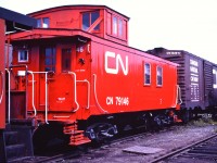 Viewed from the opposite end to the photo submitted by First954 a few days ago, here is CN 79146 in Capreol on one of the shop tracks sporting a fresh coat of paint in the summer of 1976. It was not in the consist of the Capreol Auxiliary outfit at the time of this photo, but likely ended up there after being outfitted for service.