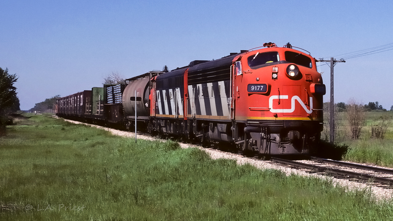 Not a typical 584 today, no big string of Gov't grain hoppers. That is the 9166 in behind with the louvers instead of grill work along the top edge. This day shaped up to be the best of the summer. At 8:00 the unit train headed out with the 9171, 9190 and 9167 for power. Now at 11:00, this is coming down the track (with blue sky all morning). Photo taken at mile 26.6.