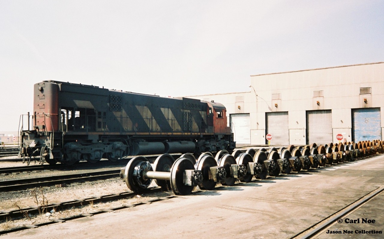 Veteran CN M636 2310 is viewed awaiting attention at CN’s MacMillan yard diesel shop in Vaughn, Ontario during a spring afternoon.